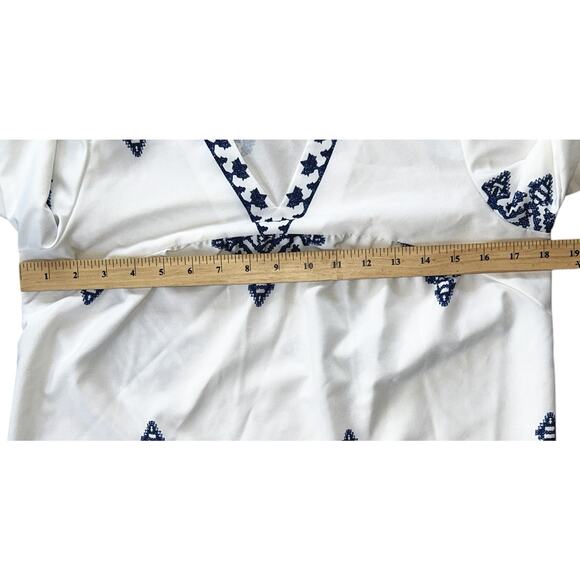 Elings Boho White & Blue Geometric Print Bracelet Sleeve V-Neck Blouse Small - Picture 3 of 6